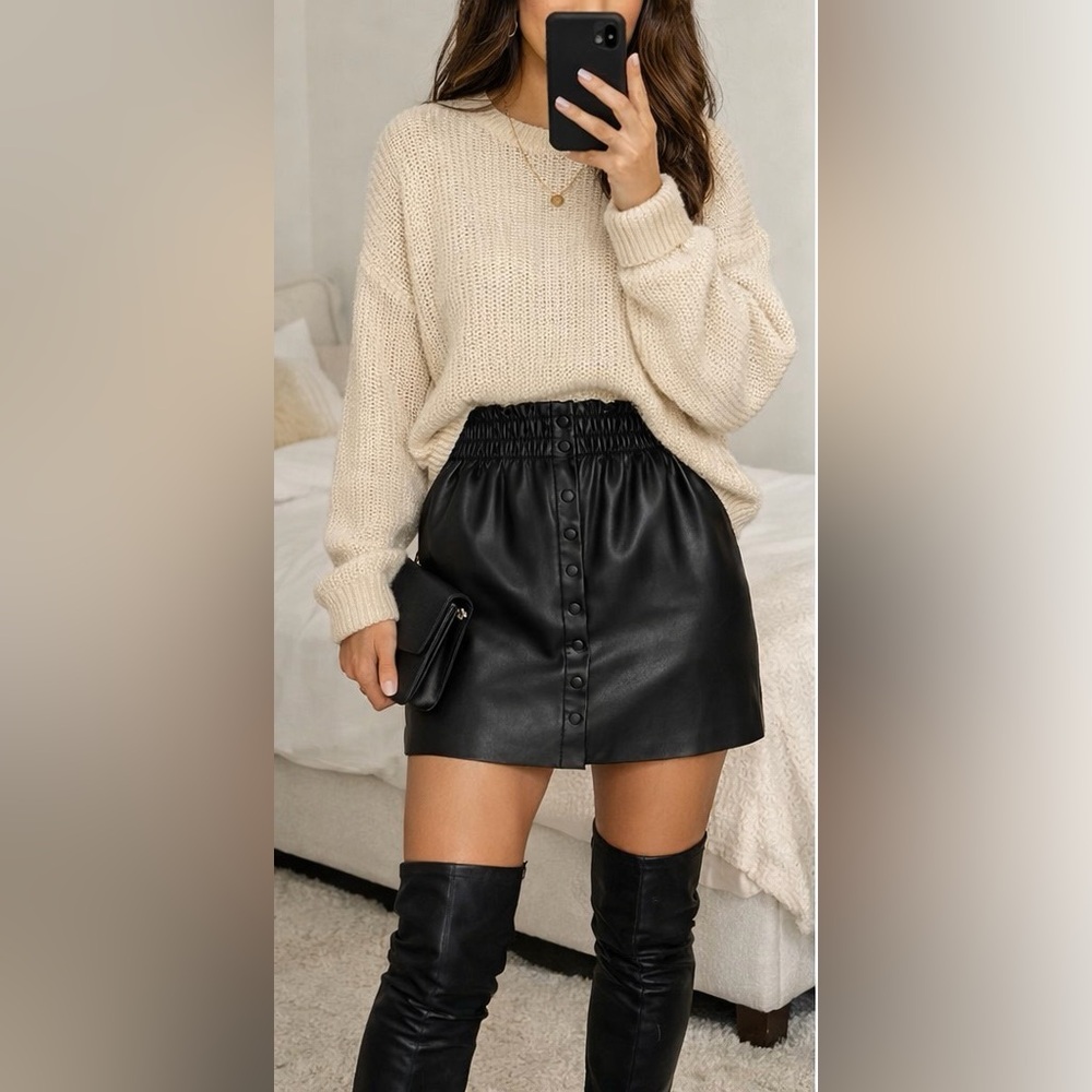 Zara Black Faux Leather Mini Skirt Smocked Waist Size Small